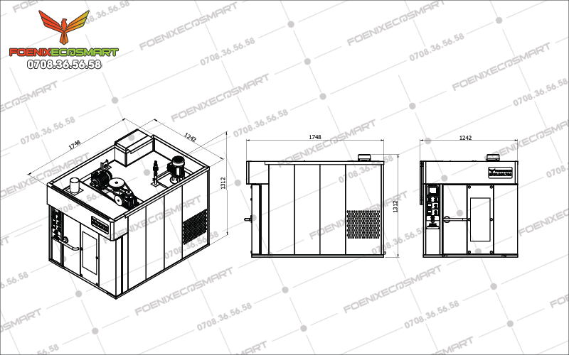 Lò Nướng Bánh Mì Xoay 6 Khay Điện FOENIX ECO 11 Bản vẽ kỹ thuật 3 mặt dựng Lò Nướng Bánh Mì Xoay 6 Khay Điện Foenix ECO