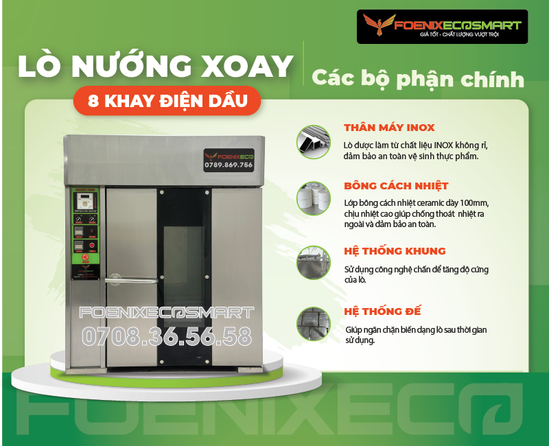 Lò Nướng Bánh Mì Xoay 8 Khay Điện Dầu FOENIX ECO 12 Các bộ phận chính của Lò Nướng Bánh Mì Xoay 8 Khay Điện Dầu FOENIX ECO