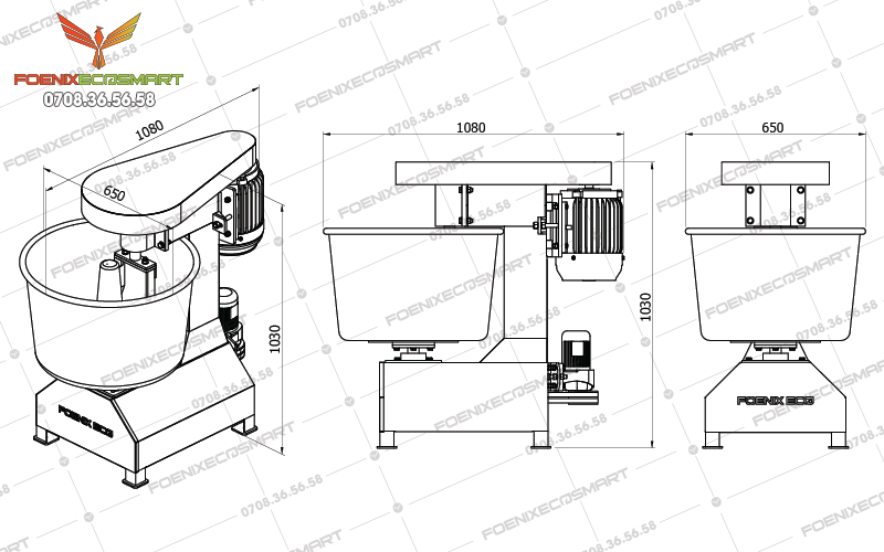 Máy Trộn Bột Bánh Mì 15kg 3 Phase FOENIX ECO 6 Bản vẽ kĩ thuật 3 mặt dựng Máy Trộn Bột Bánh Mì 15kg 3 Phase FOENIX ECO