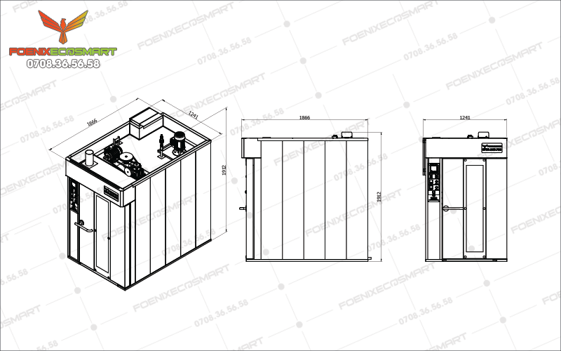 Lò Nướng Bánh Mì Xoay 12 Khay Dầu FOENIX ECO 9 Bản vẽ kĩ thuật 3 mặt dưng Lò Nướng Bánh Mì Xoay 12 Khay Dầu FOENIX ECO
