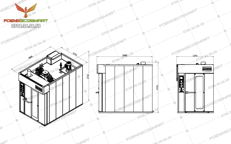 Lò Nướng Bánh Mì Xoay 10 Khay Điện FOENIX ECO 13 Bản vẽ kĩ thuật 3 mặt dựng Lò Nướng Bánh Mì Xoay 10 Khay Điện FOENIX ECO