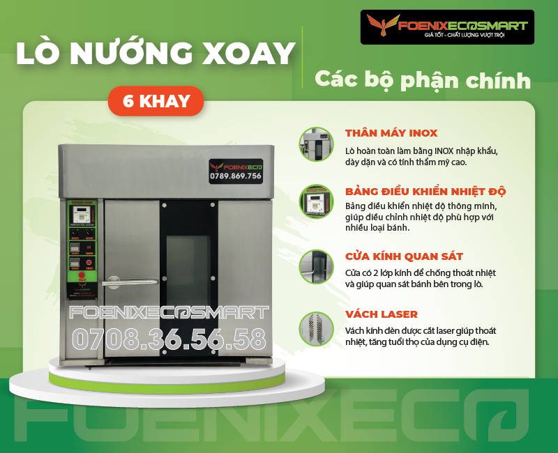 Lò Nướng Bánh Mì Xoay 6 Khay Điện FOENIX ECO 12 Các bộ phận chính của Lò Nướng Bánh Mì Xoay 6 Khay Điện FOENIX ECO