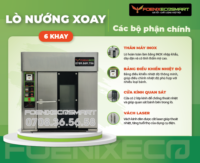 Lò nướng bánh mì xoay 6 khay điện được làm từ chất liệu INOX cao cấp không rỉ