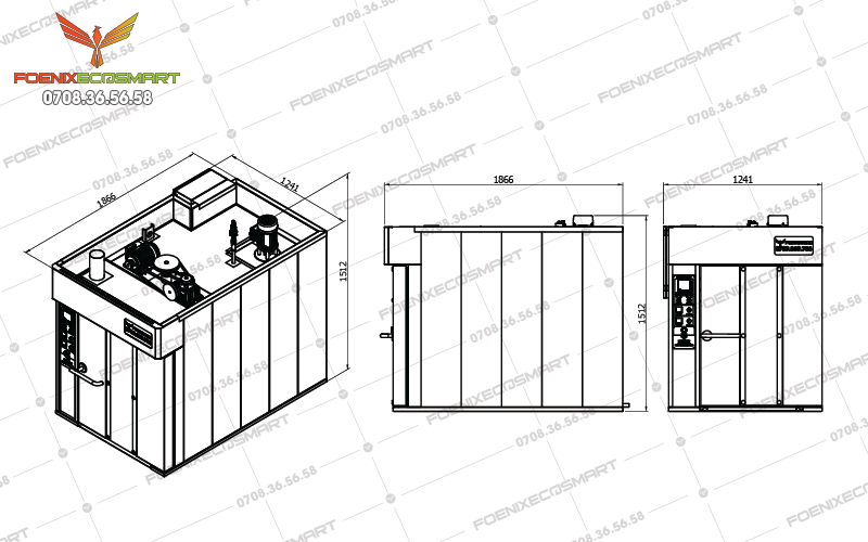 Lò Nướng Bánh Mì Xoay 8 Khay Dầu FOENIX ECO 11 Bản vẽ kĩ thuật 3 mặt dựng Lò Nướng Bánh Mì Xoay 8 Khay Dầu FOENIX ECO