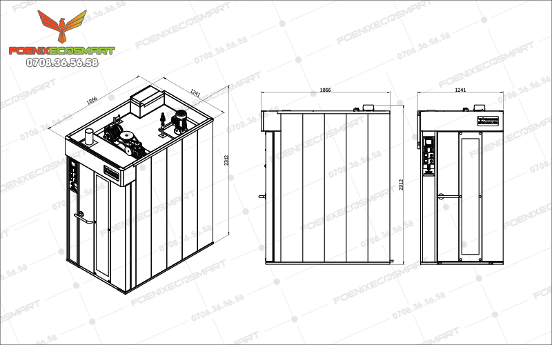Lò Nướng Bánh Mì Xoay 16 Khay Dầu FOENIX ECO 11 Bản vẽ kĩ thuật 3 mặt dưng Lò Nướng Bánh Mì Xoay 16 Khay Dầu FOENIX ECO