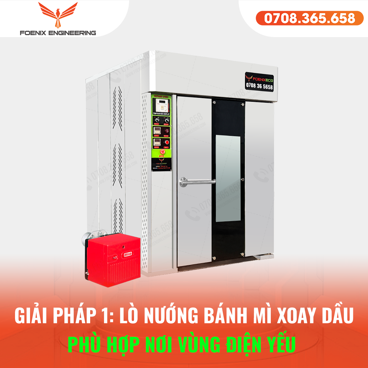 Giải pháp cho tiệm bánh mì sản xuất 1000–1500 ổ/ngày khi không có điện 3 pha 41 Lò nướng bánh mì xoay dầu