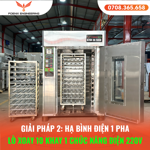 Giải pháp cho tiệm bánh mì sản xuất 1000–1500 ổ/ngày khi không có điện 3 pha 42 Hạ bình điện 1 pha cho lò bánh mì không cần điện 3 pha